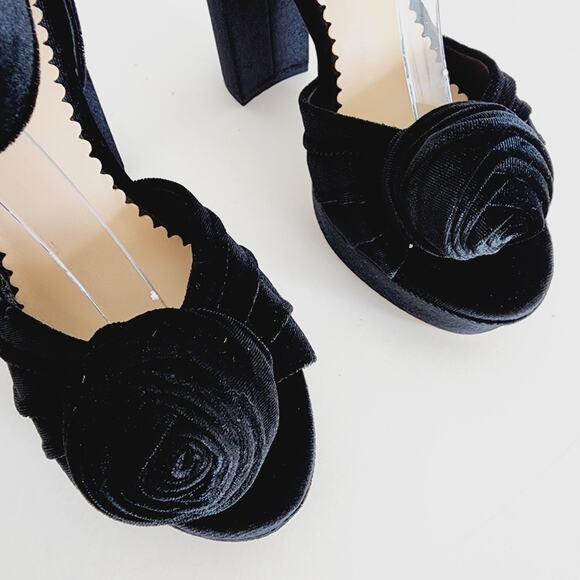 Antonio Melani Black Velvet Open Toe Platform Sandals Heels Rose Accent Size 9 - Picture 5 of 12